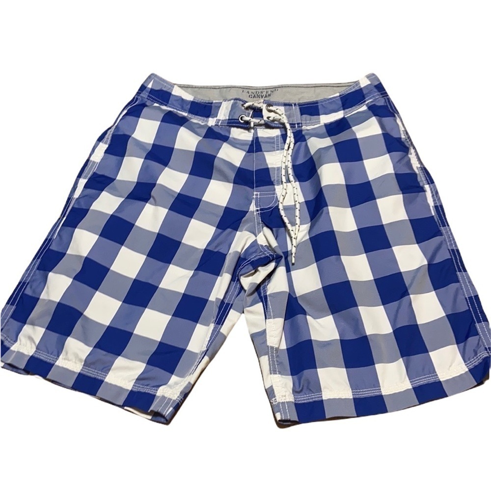 Lands End canvas blue white checkered board shorts